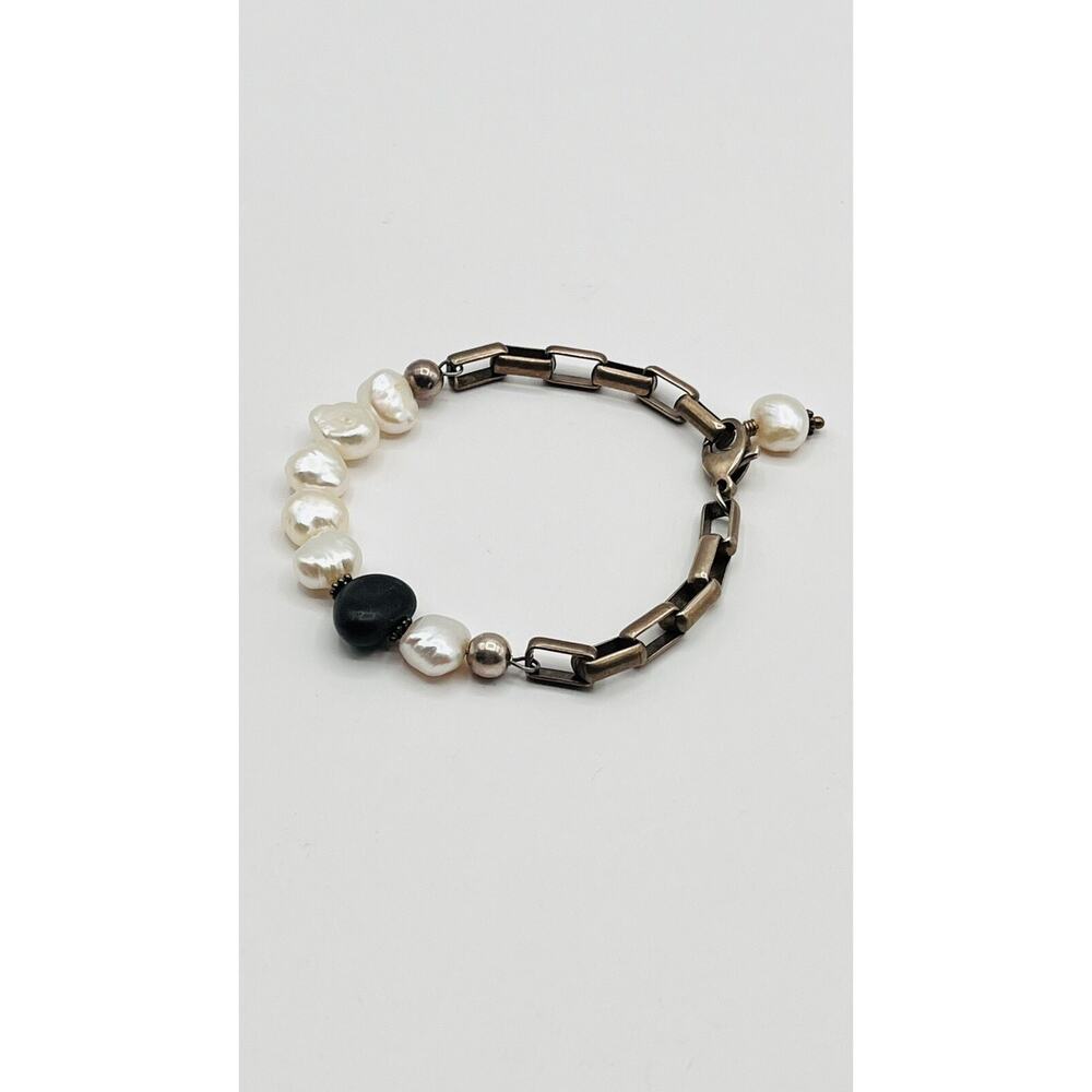 STERLING SILVER 925 Chain FRESHWATER PEARL VINTAGE BRACELET Super Rare Design